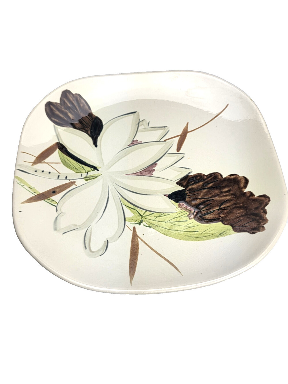 Red Wing Pottery Hand Painted Lotus Pattern Square Rounded Edge Dinner Plate
